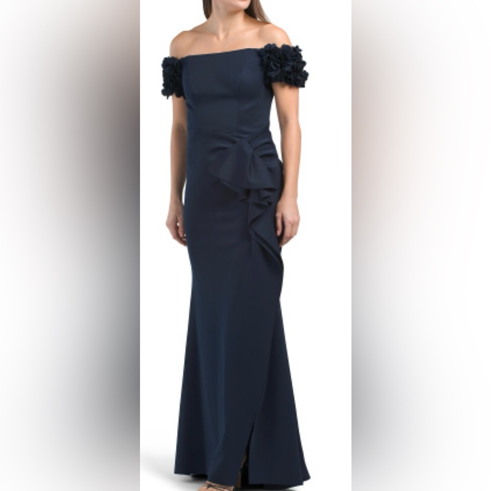 NWT Xscape Navy Off the shoulder Ruffle gown size 6